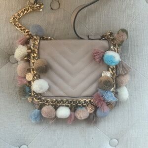 Aldo Taupe Crossbody Bag with Colorful Pom-Poms